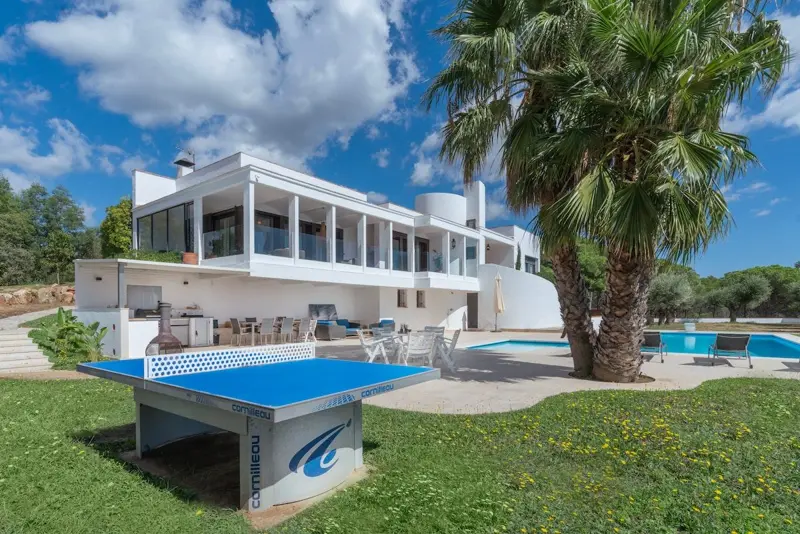 White modernist villa with a large pool, lawn and palm trees